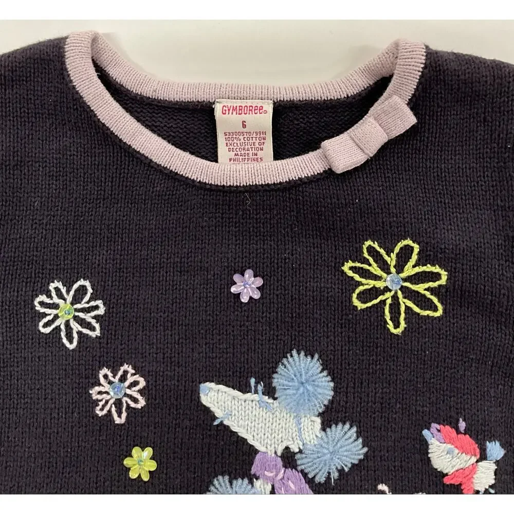 Girl's Gymboree Short Sleeve Sweater Sz 6 Navy Lilac Trim Embroidery Sequins